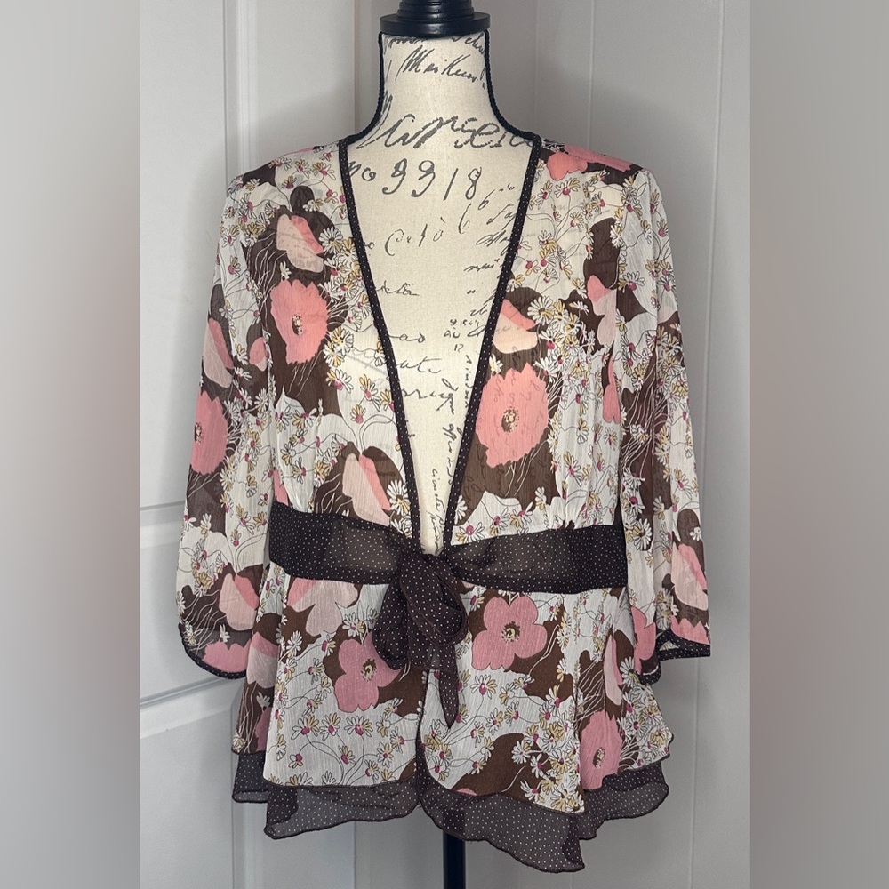 Y2K Sheer Floral Tie-Front Cardi/Blouse